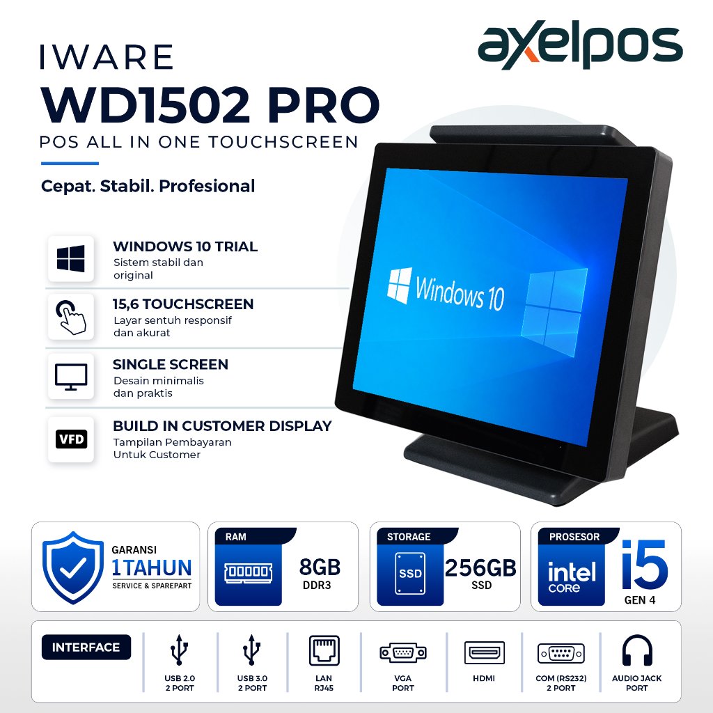 Axelpos Iware WD-1502 Pro Pos All in One Mesin kasir 15.6 Touchscreen Intel Core I5 Ram 8GB / SSD 25
