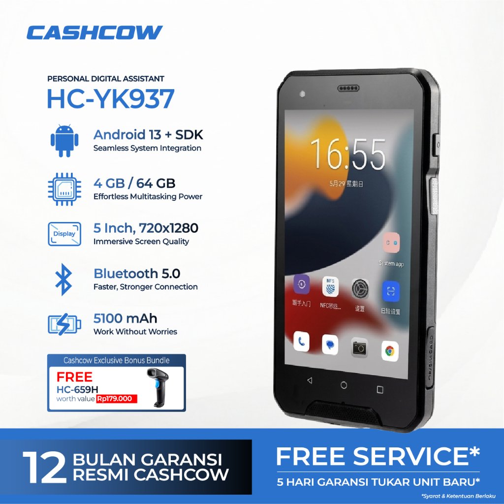 CASHCOW HC-YK937 – PDA Scanner 2D Android 13, 4/64GB, 5" Inch, NFC, IP67, 5100mAh