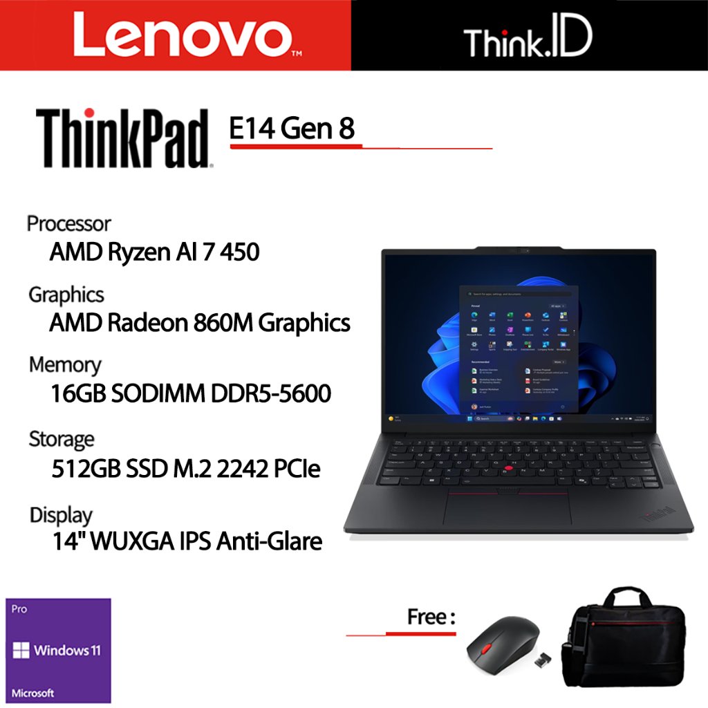 Lenovo ThinkPad E14 Gen 8 AMD Ryzen AI 7 450 16GB 512GB SSD 14"IPS IR Win11 Pro