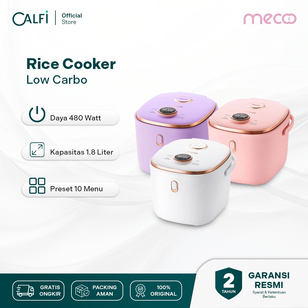 MECOO Aesthetic Rice Cooker Low Carbo Low Sugar Ceramic Coated Teflon Free 400 Low Watt 1.8L Digital