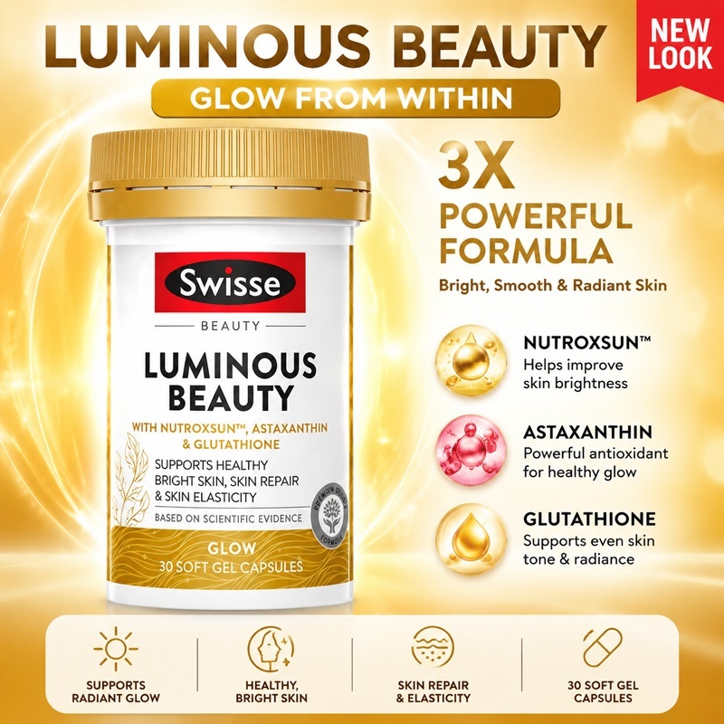 Swisse Beauty Luminous Beauty dengan NUTROXSUN Astaxanthin & Glutathione 30 Kapsul Softgel