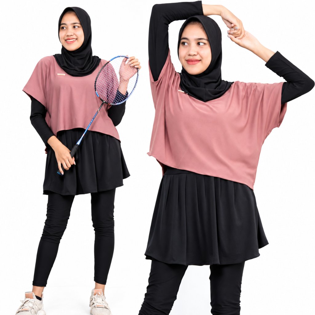 Setelan baju Olahraga 3in1 Crop Legging Rok Manset Baju Sport Muslim Panjang Wanita Senam Lari Yoga 