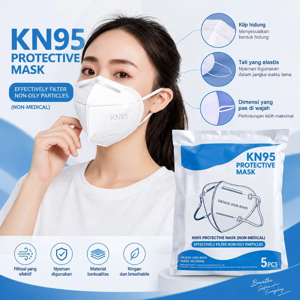 Masker KN95 5PLY Single Pack Protective Mask    Packing menggunakan plastik sehingga masker tetap hi
