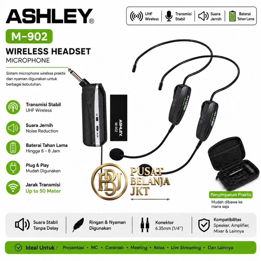 'Mic Wireless Headset Ashley M 902 2 Mic Headset Bando Imam Masjid Presentasi Ceramah Senam UHF Rech