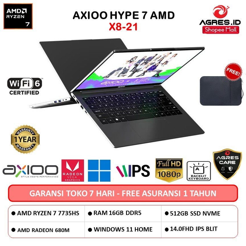 LAPTOP AXIOO HYPE 7 AMD JKT48 X8-21 RYZEN 7 7735HS 16GB 512GB W11 14.0FHD IPS BLIT GRY