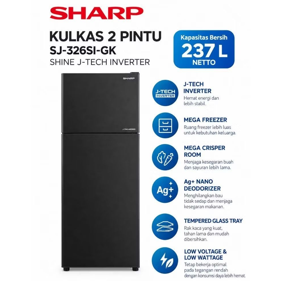 Kulkas Sharp 2 pintu Inverter Shine J-TECH Inverter SJ-326SI-GK