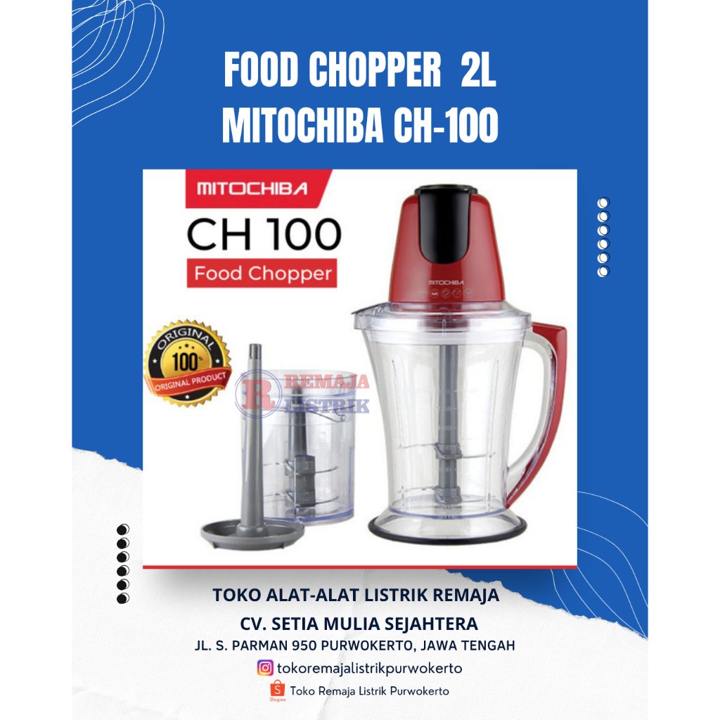Food Chopper Mitochiba 2L Pisau Stainless Steel 300W CH 100 BPA Free Mitochiba