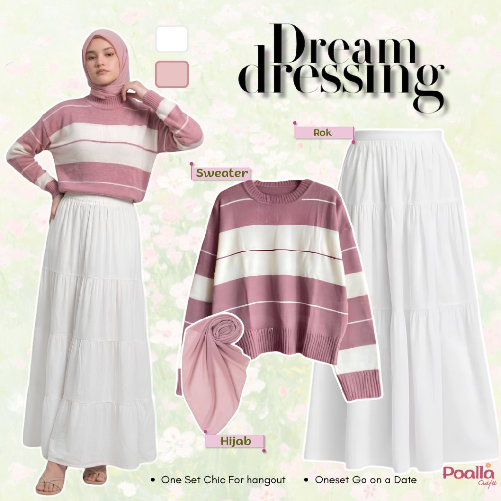 3 In 1 Outfit Wanita | Meira Sweater Rajut Nila Rok Susun Putih Hijab Bella Square Dusty Pink | Outf