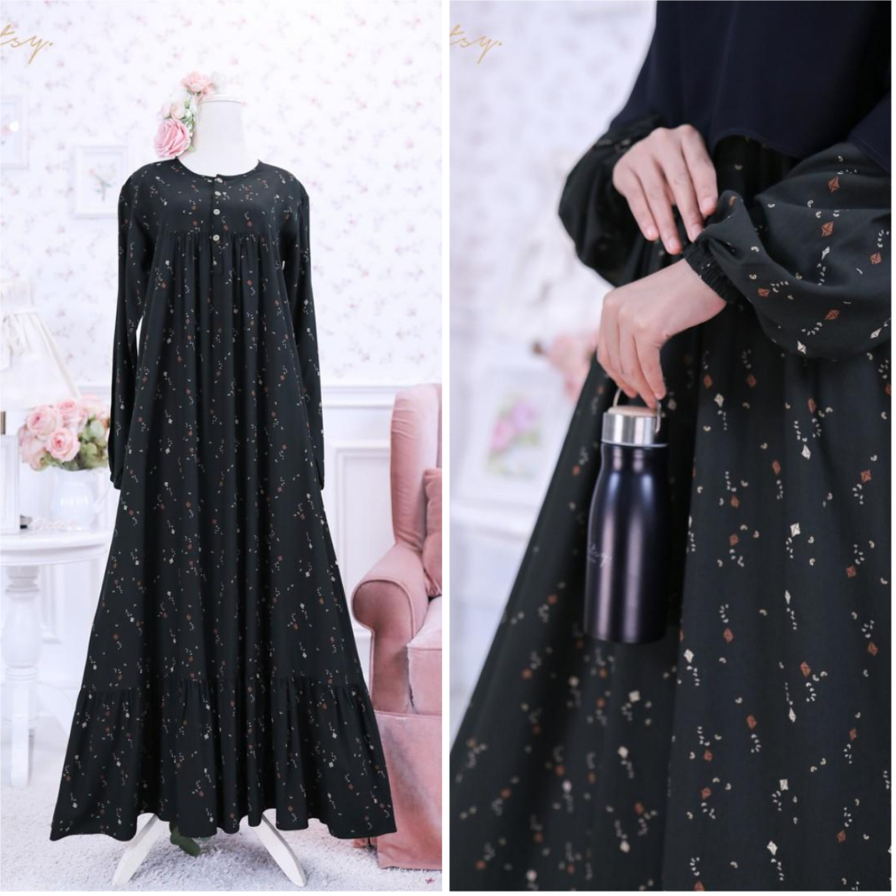 Ditsy Gamis Muslimah Vlinnger Black S M L XL