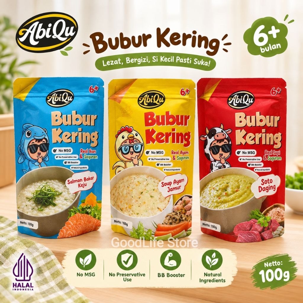 ABIQU Bubur Kering Bayi 6+ Bulan 100g | MPASI Bayi BB Booster Tanpa MSG & Pengawet | Real Daging/Ika