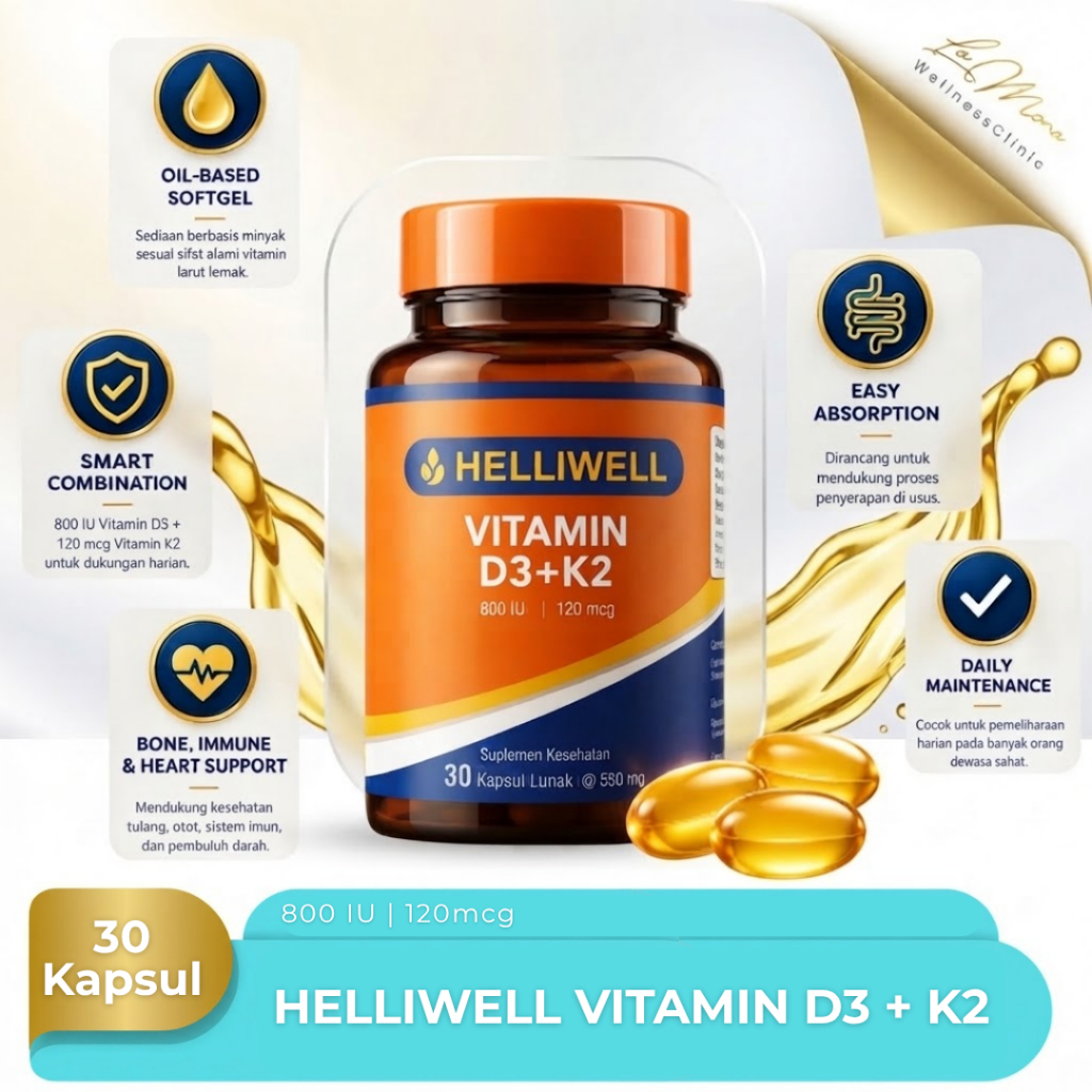 Lamona Wellness - Helliwell D3 K2 Original 30 Kapsul - Vitamin D3 + K2 - Suplemen Vitamin D3 K2