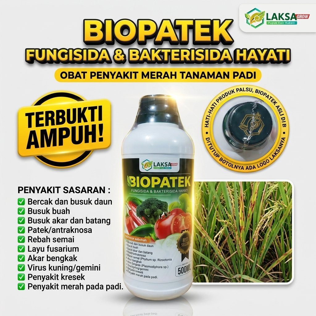 Laksa Grow - Anti HAMA PADI Fungisida & Bakterisida Hayati BIOPATEK 500ml Obat Hama Penyakit Merah P