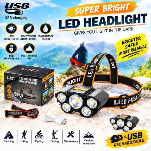 Senter Kepala 40 Watt L-T21 5 Led Rechargerable 4 Mode Cahaya Lampu Senter 50Watt