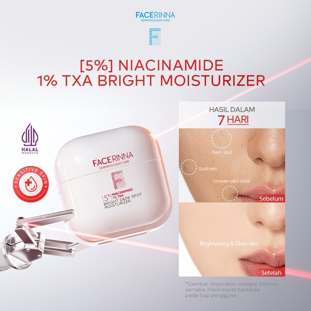 FACERINNA 5% Niacinamide 1% TXA Bright Dark Spot Moisturizer 30g | Brightening Cream Pencerah Wajah Samarkan Flek Hitam & Noda | Menghaluskan Tekstur Kulit | Day & Night Cream | BPOM