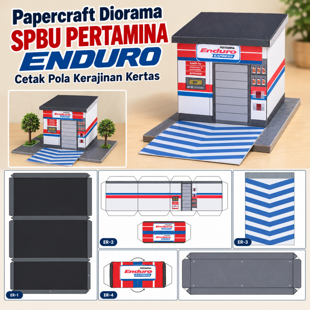 Papercraft Diorama SPBU Pertamina Enduro Cetak Pola Kerajinan Kertas