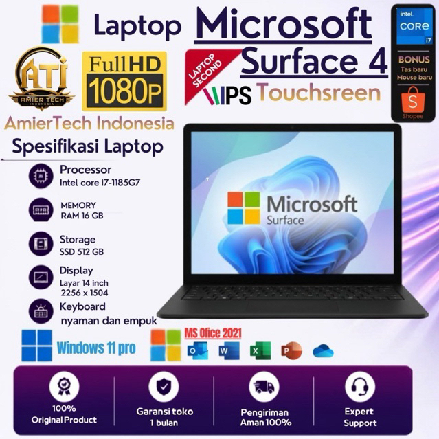Laptop Surface 4 Intel core i7-1185G7 Touchsreen RAM 16GB SSD 512GB Bergaransi
