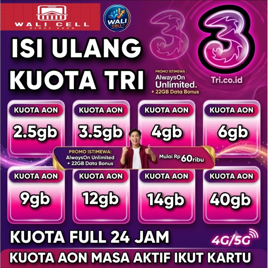 isi ulang Paket Data TRI 3 Kuota Internet Murah & Unlimited full 24 jam