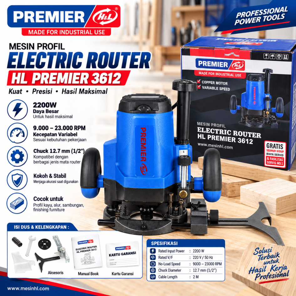 HNL H&L HL PREMIER 3612 ROUTER MESIN PROFIL Besar 12mm / 2200 Watt Variable speed TRIMMER KAYU 12.7 
