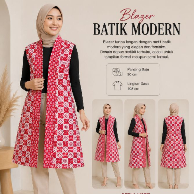 BATIK DUA PUTRI - Blazer Batik Wanita Modern Outer Rompi Merah Putih Kekinian