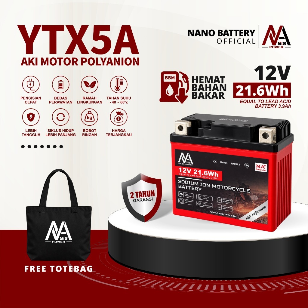 NANO BATTERY Aki Motor YTX5A Sodium Ion 12V 21.6Wh GTZ6V YTZ6V Accu Kering Maintenance Free Motorcyc