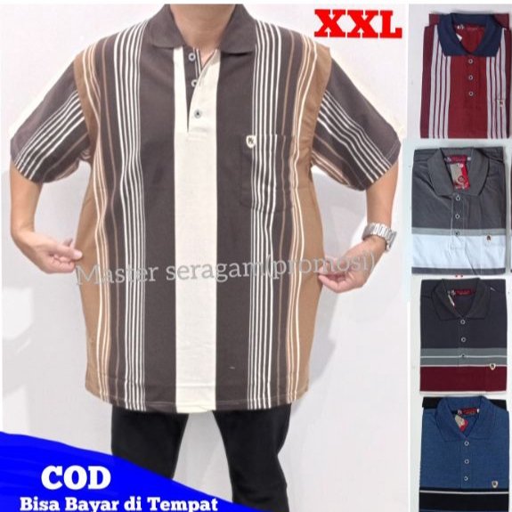 TERBARU Kaos kerah pria motif salur XXL BIGSIZE Katun Salur wangky bapak bapak balok kantong depan p