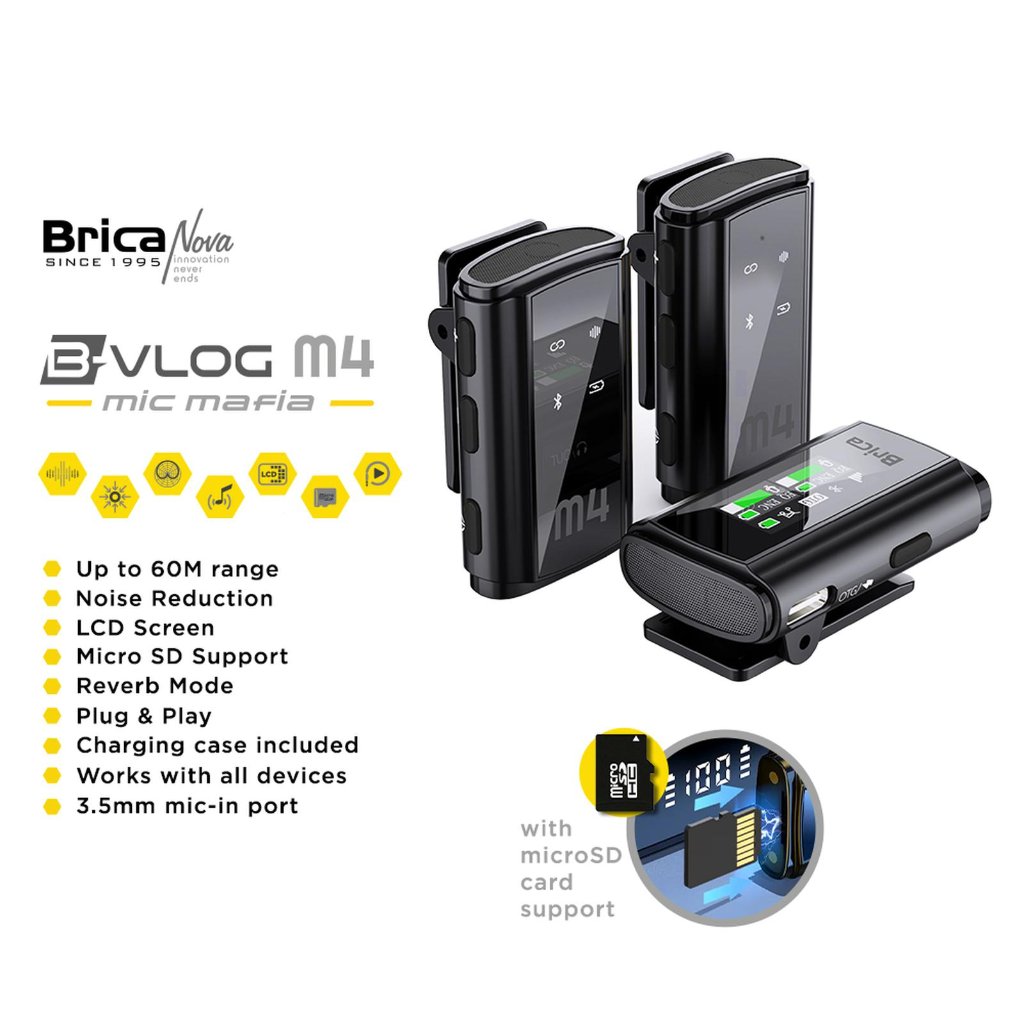 Brica B-VLOG M4 Dual Wireless Microphone - Clip On Mic Vlog - With Charging Case BVLOG Mic Wireless