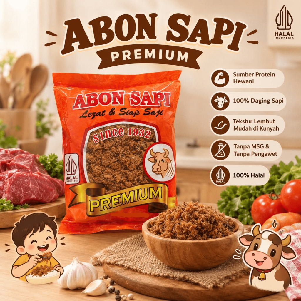 Abon Sapi 32 Premium 50 gram Lezat & Siap Saji 100% Daging Sapi Halal Tanpa MSG & Pengawet