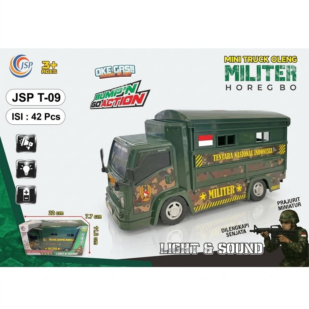 Mainan Truk Militer TNI JSP T-09 Mini Truck Oleng Bump 'N Go Action (Lampu & Suara)