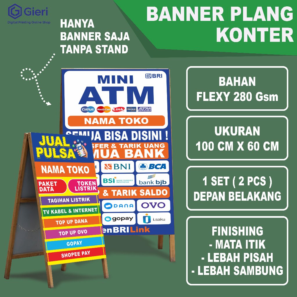 GIERI - BANNER PLANG KONTER / BANNER UNTUK STAND / CUSTOM NAMA TOKO