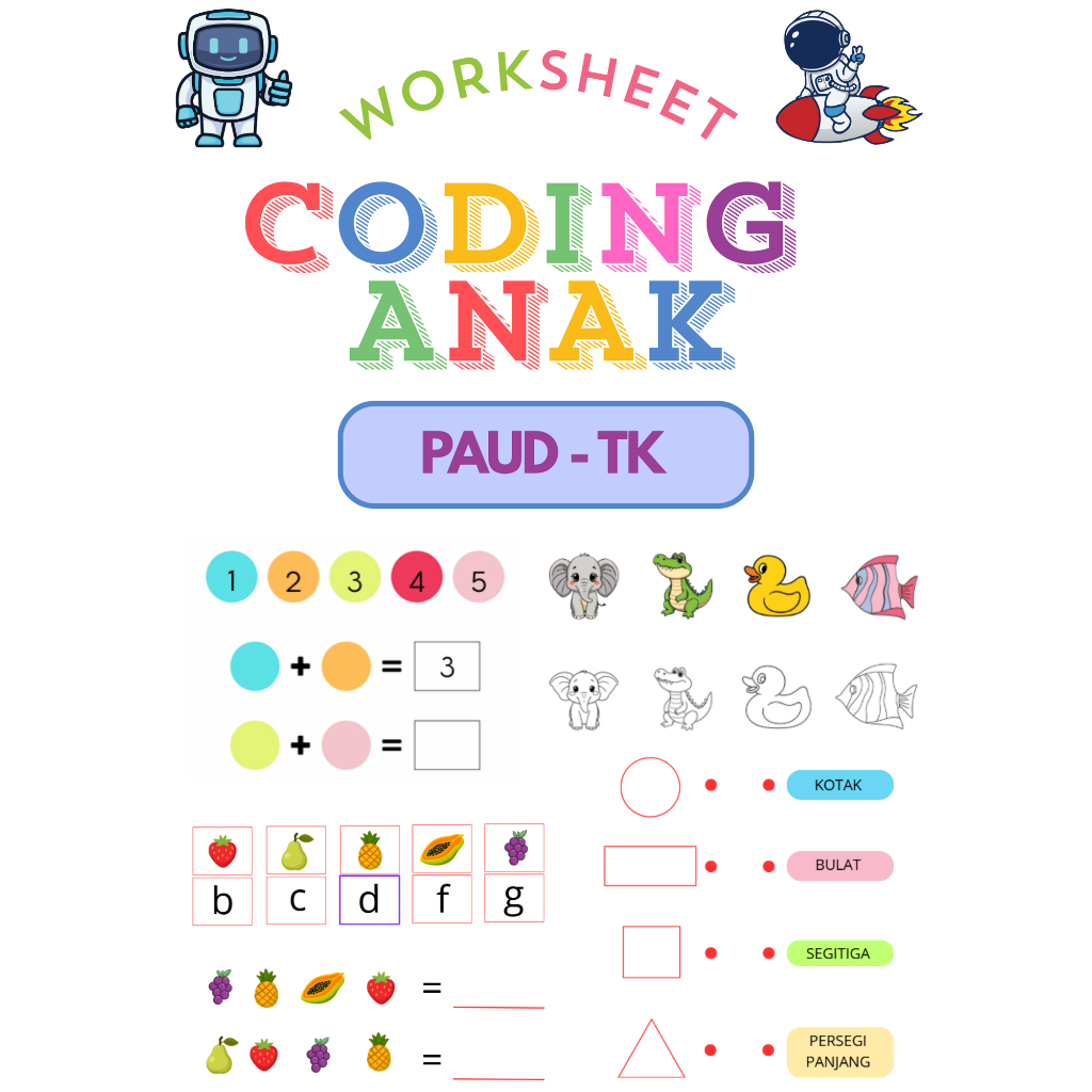 Coding Preschool 51 lembar Koding Anak Worksheet Coding TK Paud Bimba Coding Easy Coding Anak Easy M