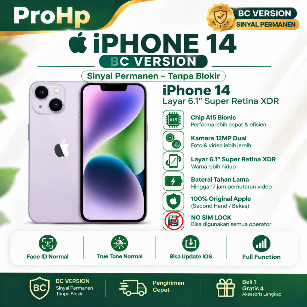 iPhone 14 BC 100% Original 128GB 256GB Second Mulus Inter Unlock IMIE Daftar Sinyal Permanen Fullset