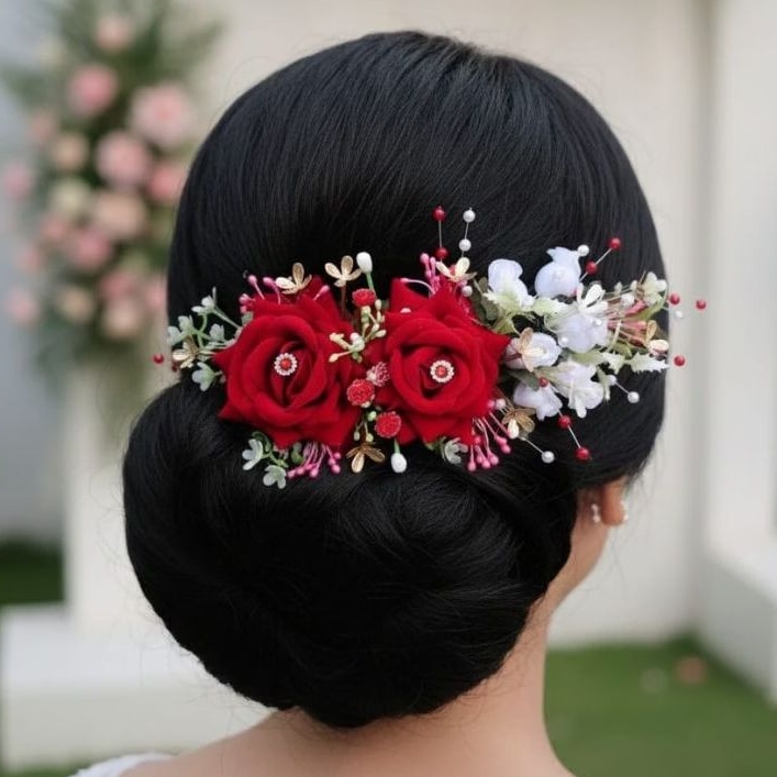 Aksesoris Sanggul Bunga Mawar Pengantin / Hiasan Sanggul Bunga Mawar Elegant