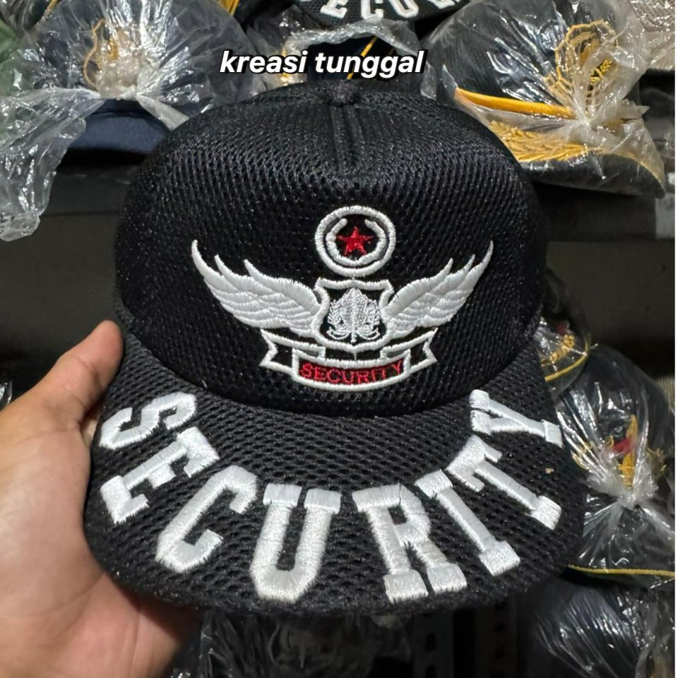 topi jaring hitam logo wing tulisan security bordir putih