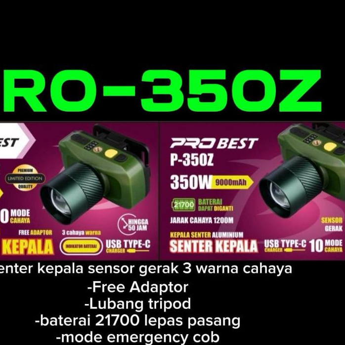 SENTER KEPALA PROBEST SENSOR GERAK 3 WARNA CAHAYA PRO-350Z