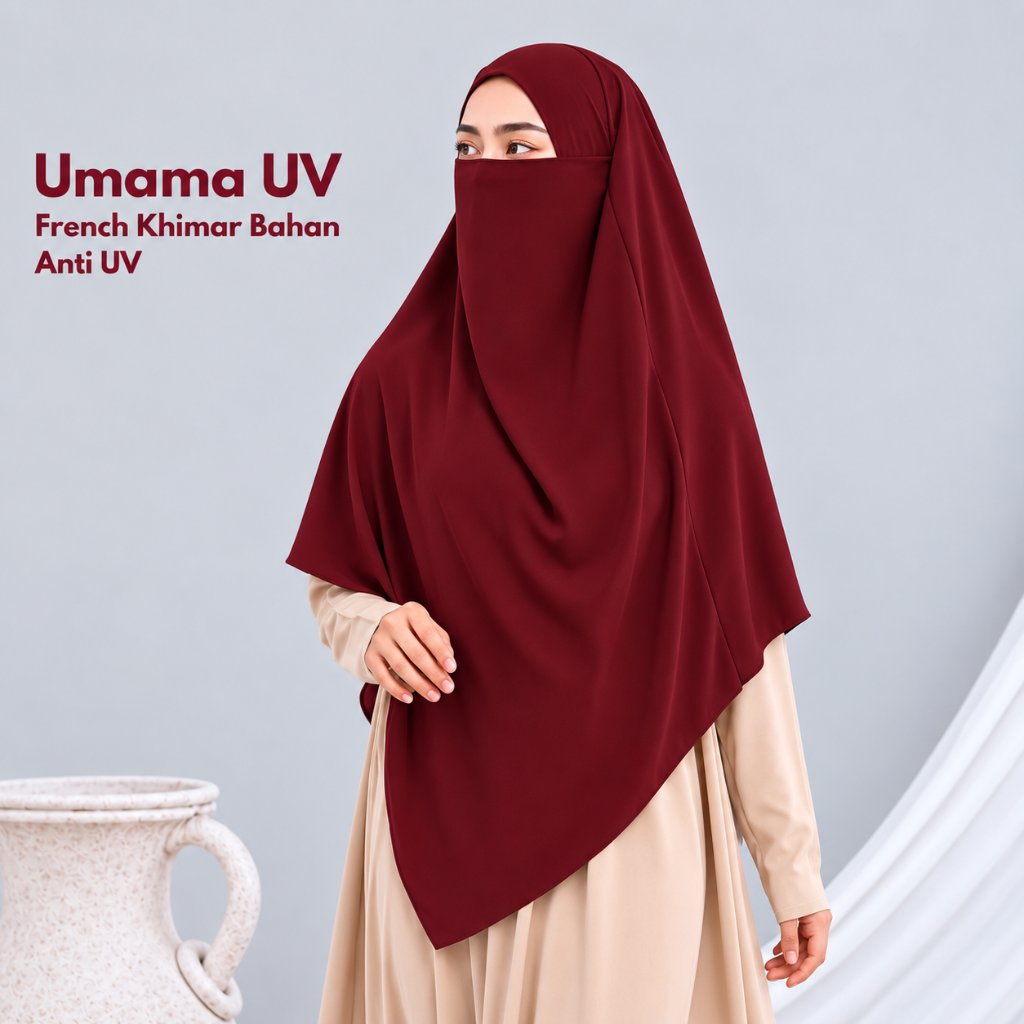 UMAMA - French khimar anti UV kerudung syari cadar tali Instan medium fk burgundy By Zephyr Wai