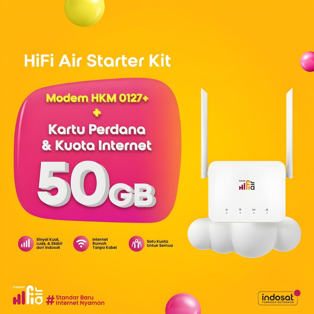 INDOSAT HiFi Air Starter Kit MODEM HKM 0127+ Kartu Perdana Kuota Internet 50GB