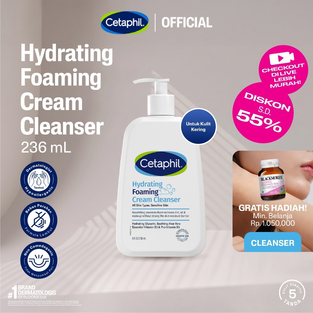 Cetaphil Hydrating Foaming Cream Cleanser 236ml dengan Soothing Aloevera, Vitamin B3 dan Pro Vit B5 