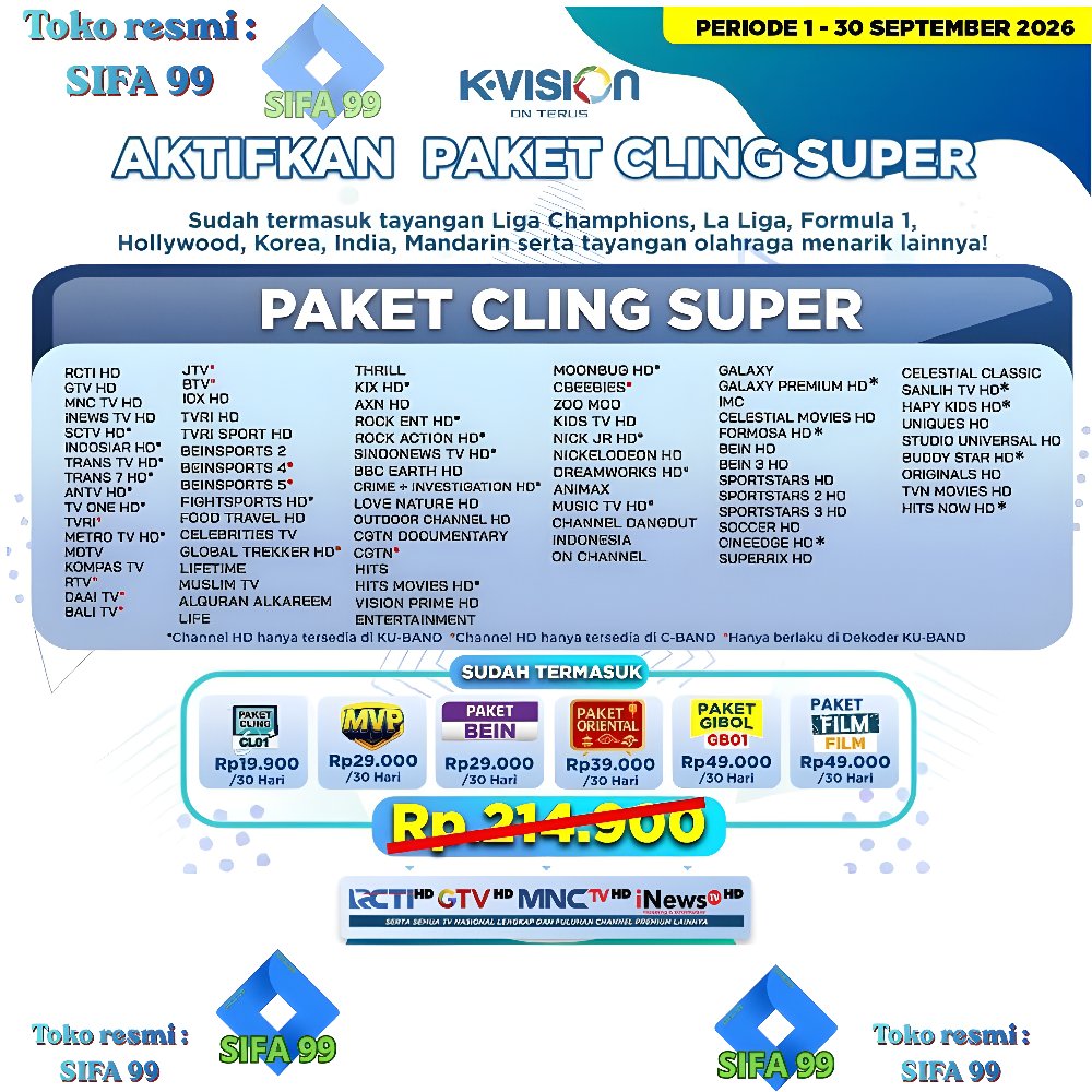 Paket Cling Super Kvision K vision GIBOL Film Bein lengkap Voucher  periode 1-30 September 2026  CHA