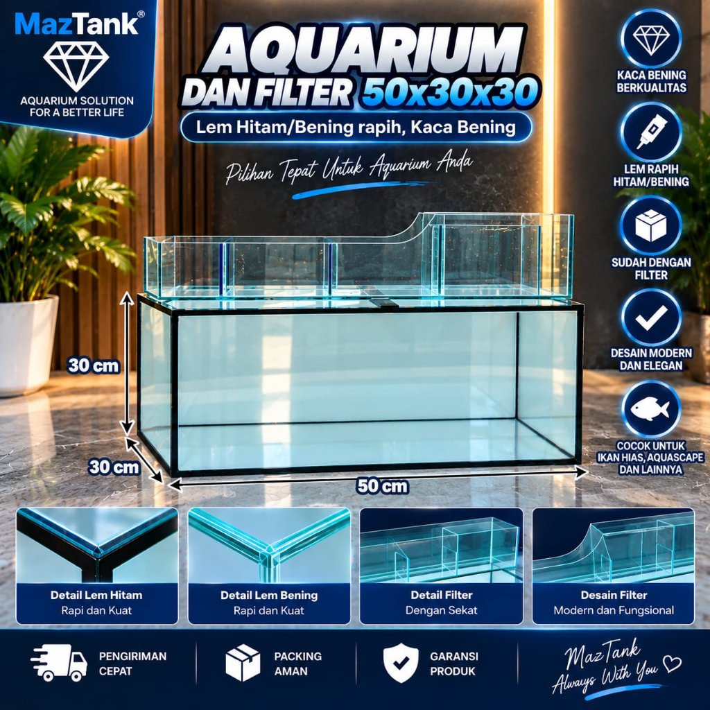 Aquarium 50x30x30 With Filter Chinna Style - Filter 50m - Aquarium Kaca 5mm Minimalis