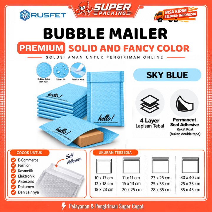 Amplop Packing Bubble Mailer Rusfet Hello Series SKY BLUE / LIGHT BLUE Harga Ecer Satuan Murah / Env