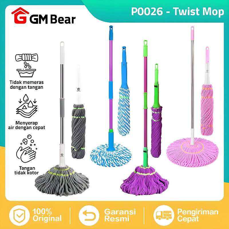 GM Bear Alat Pel Lantai Peras Otomatis P0026 - Kain Pel Lantai Pelan Lantai Magic Twist Mop