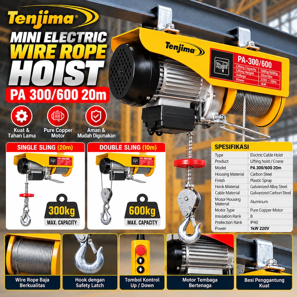 Mini Electric Hoist PA 300/600 Crane Listrik 300-600kg Wire Rope 20m