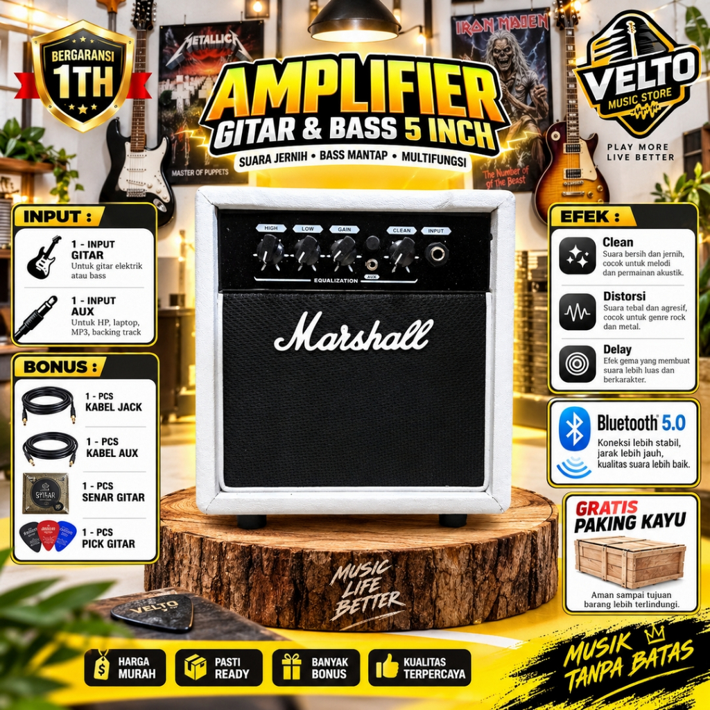 ampli gitar & bass 5 in bluetooth 5.0 2 Input marshall ada efek distorsi & delay putih