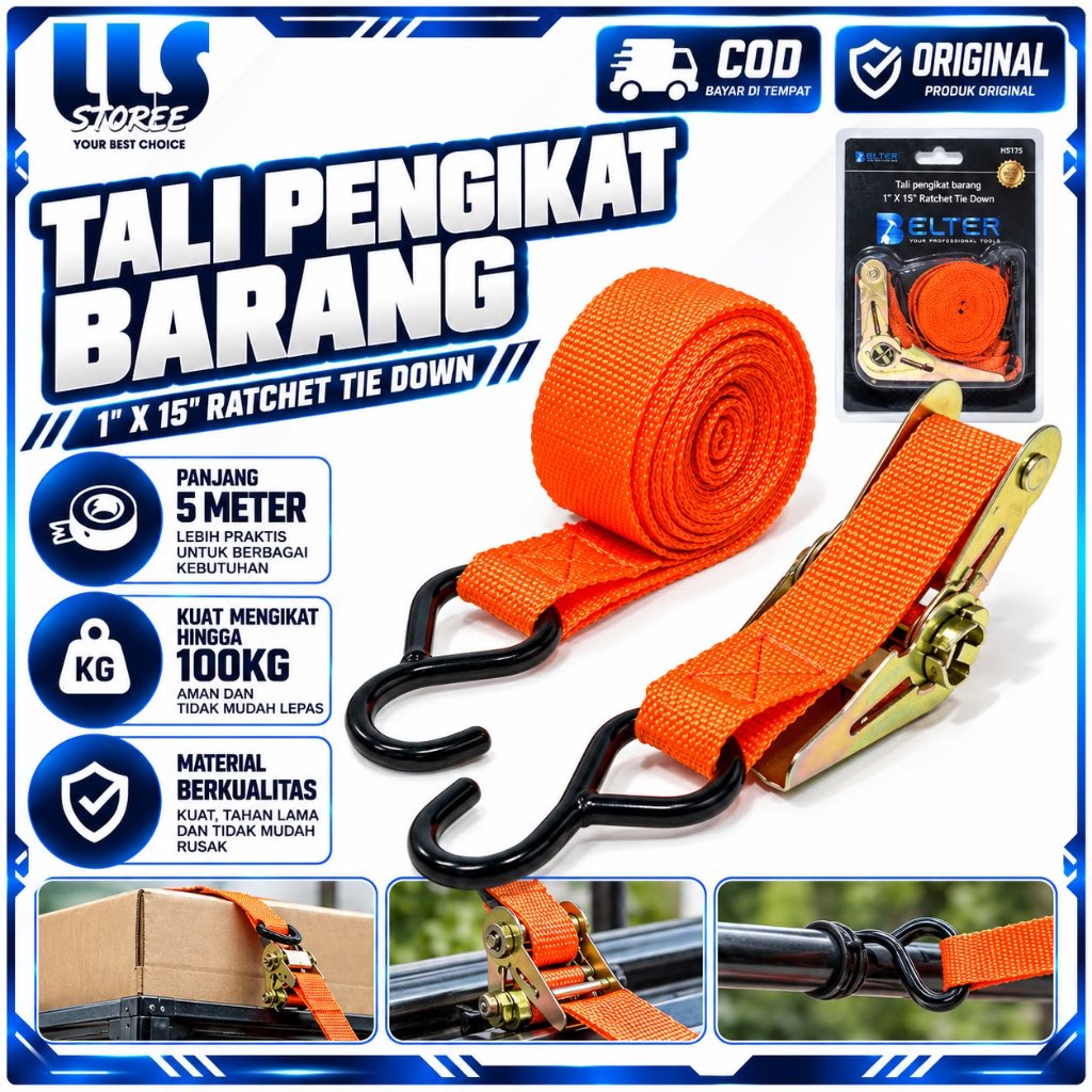 BELTER Tali Pengikat Barang 1 Inch x 5 Meter Ratchet Tie Down Tali Kargo Motor