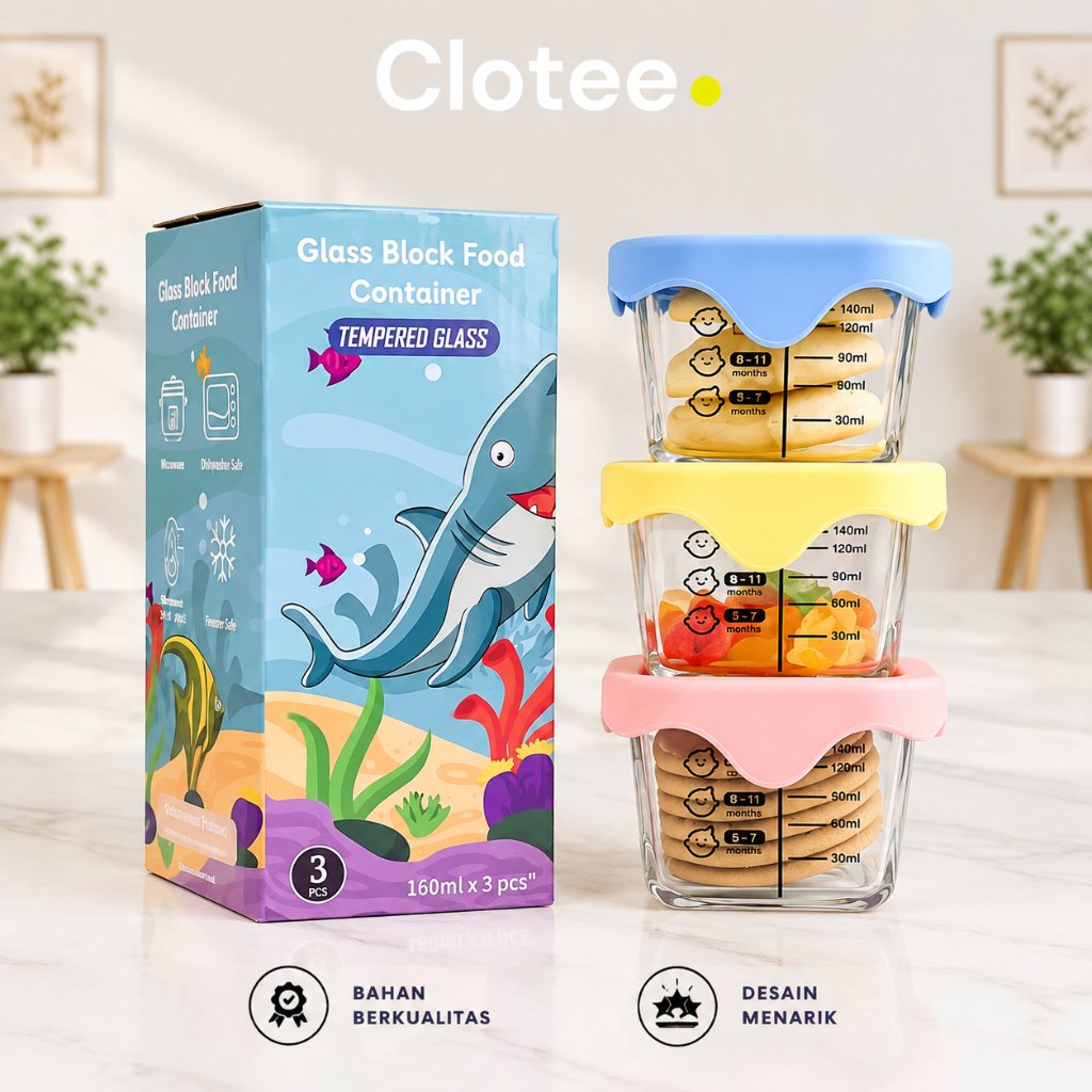 Clotee MPASI 3 IN 1 Mpasi Kaca Wadah Kotak Tempat Makan Kaca Baby Glass Food Container Kedap Udara