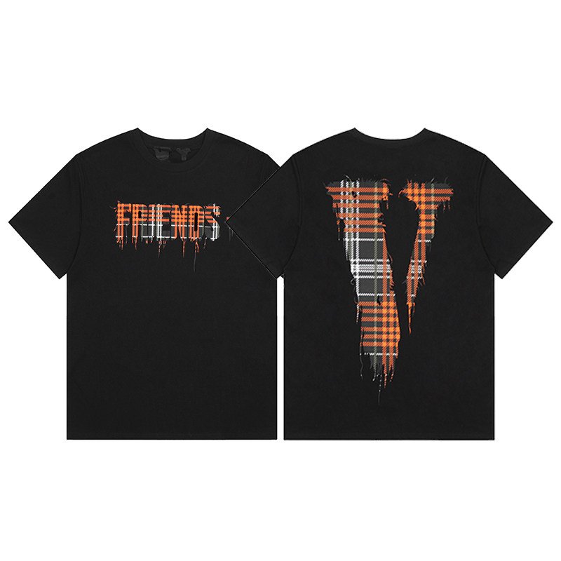 Kaos Cowok Graphic Shirt VLONE Friends Motif Plaid V Letter Lengan Pendek Unisex Street Style Distro
