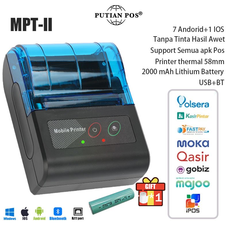 PUTIAN POS Printer Thermal 58mm Portable MPT-II Bluetooth USB Printer Kasir PPOB Android iOS Windows