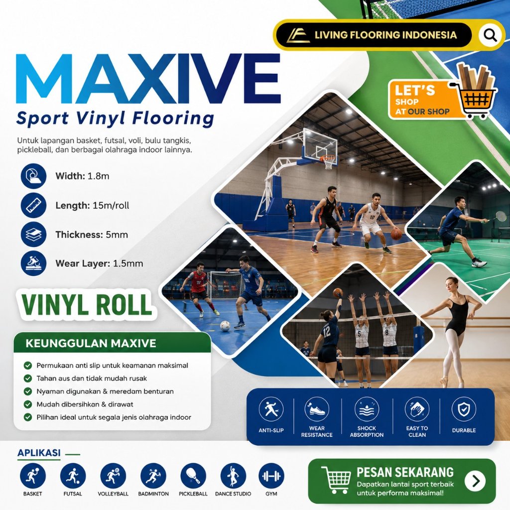 Lantai Vinyl Sport Maxive Tebal 4.5mm Lantai Vinyl Khusus Lapangan Olahraga