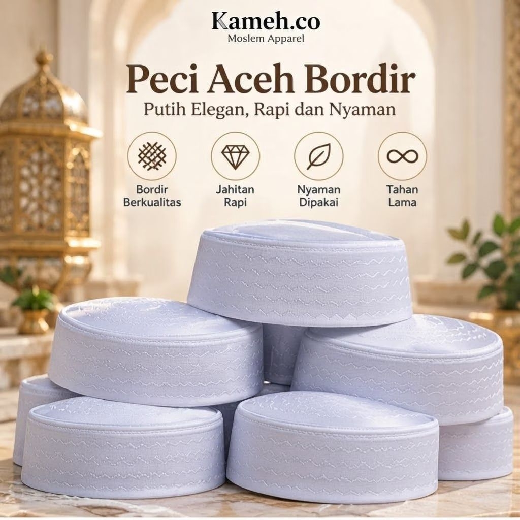 peci Aceh bordir /peci bordir putih/peci songkok dewasa muslim