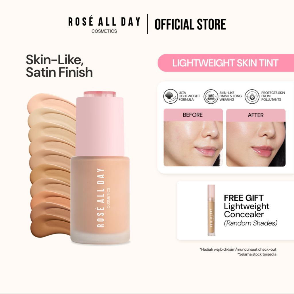 Rose All Day The Realest Lightweight Skin Tint | Foundation, Tinted Sunscreen SPF 35 Ringan + Blush On Cair Serum, Tahan Lama